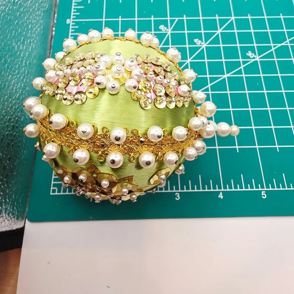 Vintage Sequin Beaded Push-Pin Christmas Ornament Round Green Gold Sparkle 3.5
